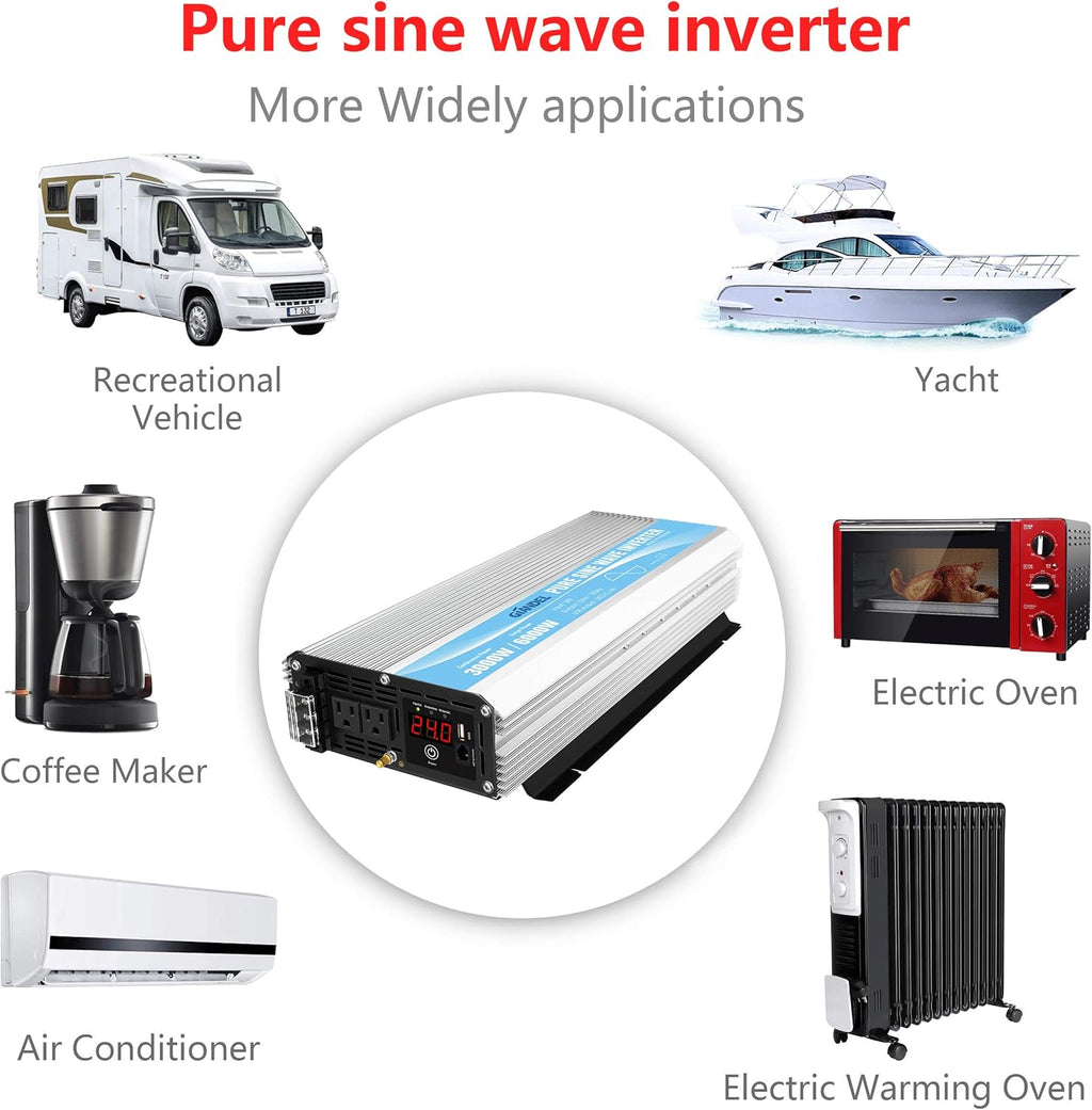 24V 3000Watt Pure Sine Wave Power Inverter DC to AC120V with Dual AC Outlets Remote Control USB LED Display J1199