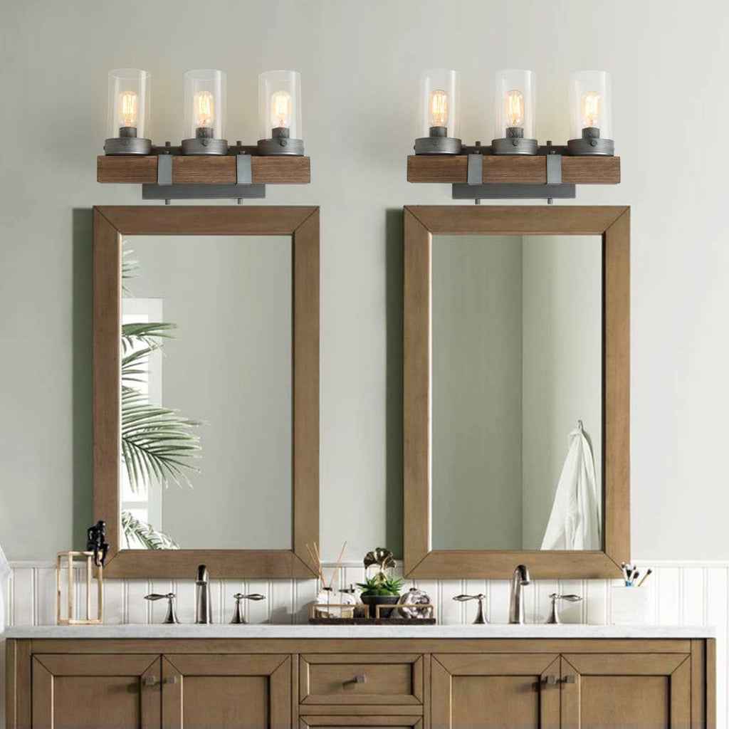 Farmhouse Rustic Bathroom Vanity Light, Wall Light Fixture 3 Lights in Wood and Cylindrical Bubbled Glass S636