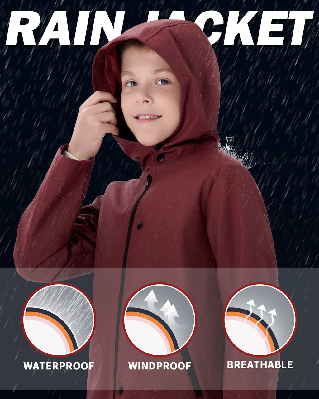 Boys Lightweight Waterproof Hooded Cotton Lined Rain Jacket T372655