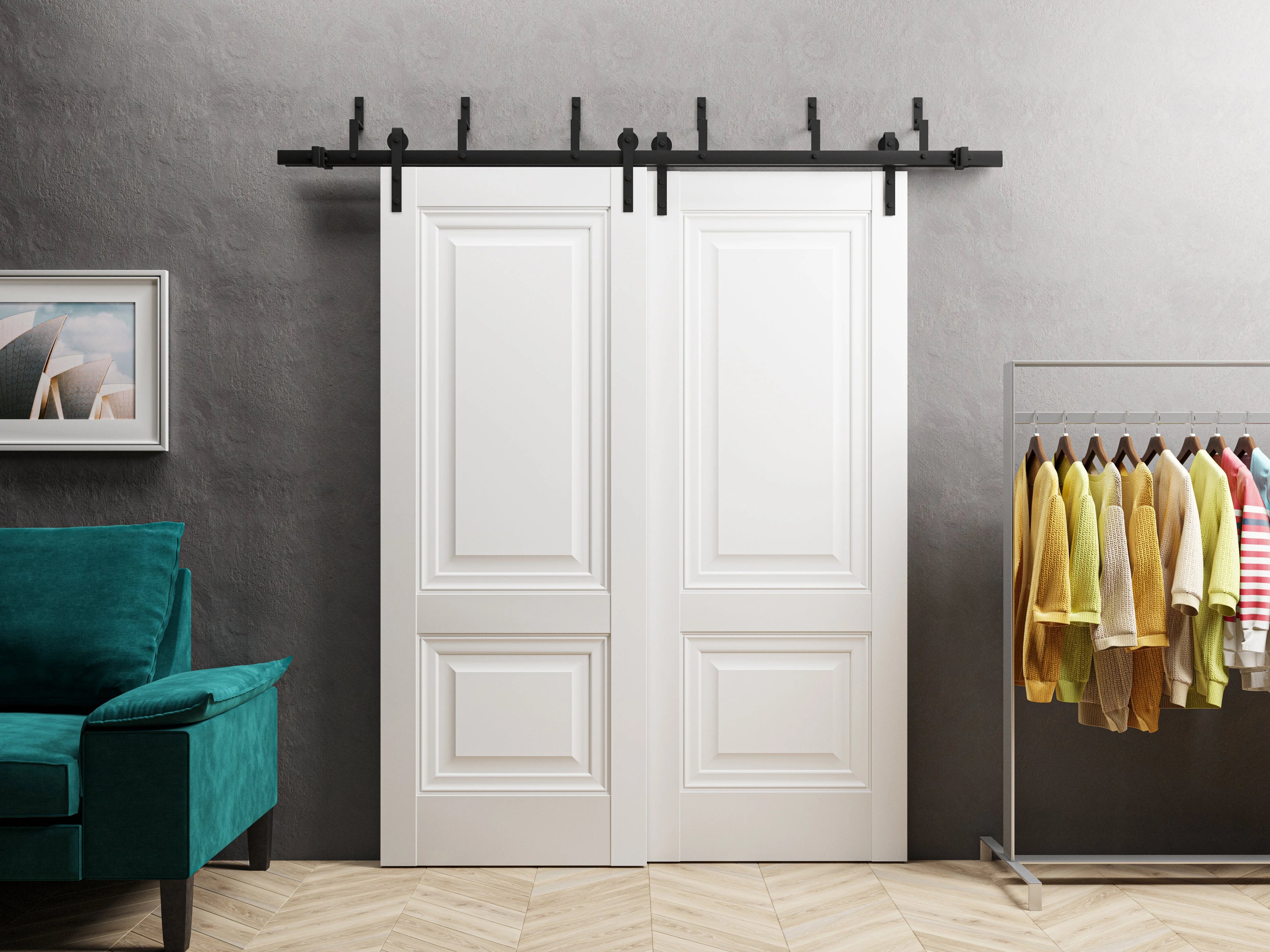 Solid French Double Doors 64 x 96 inches Light Grey Oak with Frosted Glass Wood Solid Panel Frame Trims Closet Bedroom Sturdy Doors G459