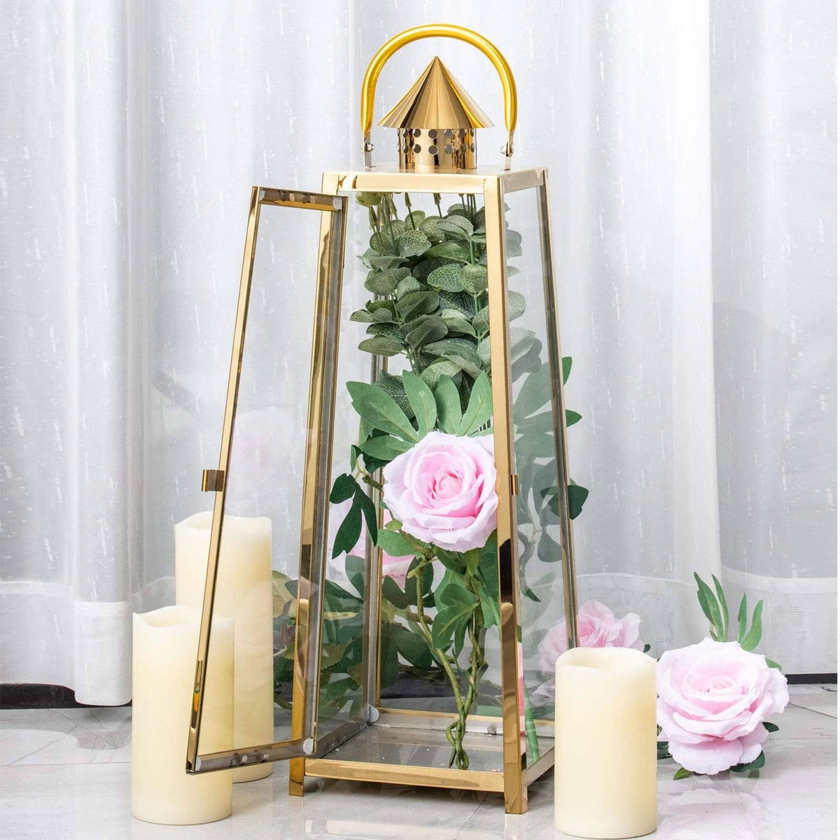 Gold Tall Metal Lantern Candle Holder T89172