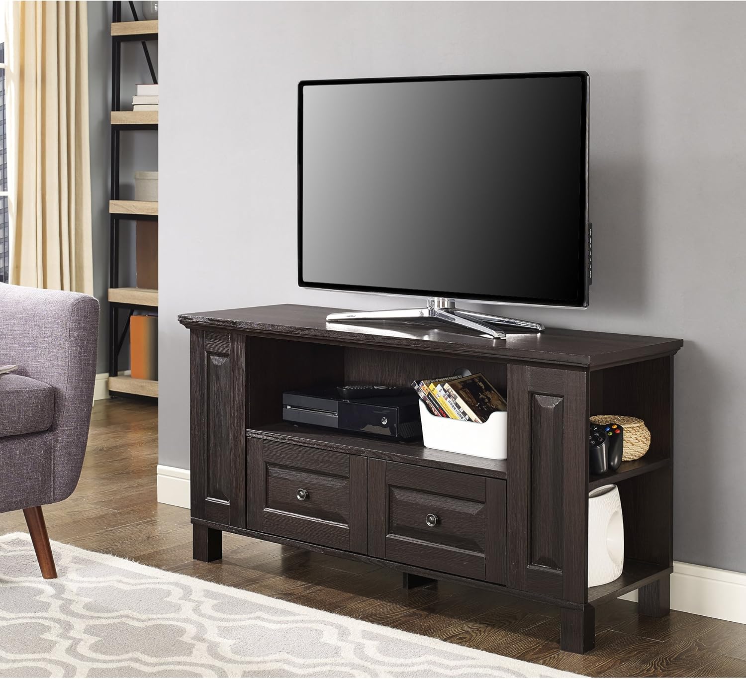 Black 42 Inch Wood TV Stand with Cabinet Doors and Open Shelves D5301