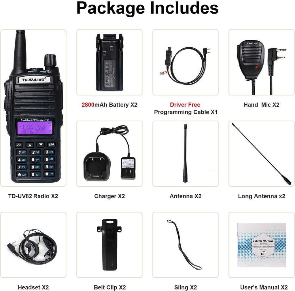 2PCS Dual Band Ham Radio Handheld with Programming Cable and Long Antenna T345