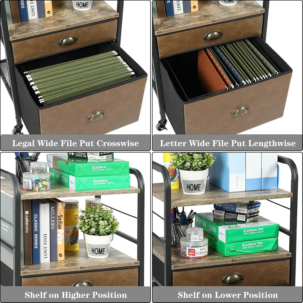 Mobile Printer Stand with File Cabinet, 3 Tier Rolling Cart with 2 Drawers E166
