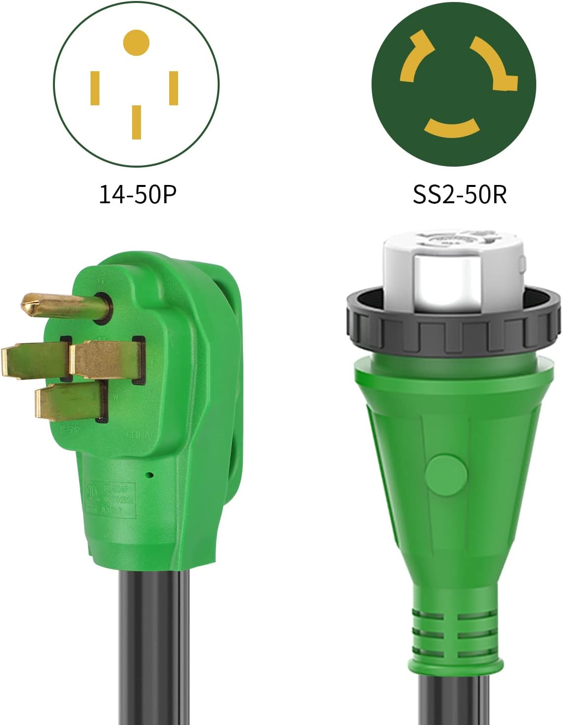 Detachable Power Cord 50A 50FT with Polarity LED Indicator, 14-50P Male to SS2-50R Locking Female, Storage Bag and Plastic Strap T23364