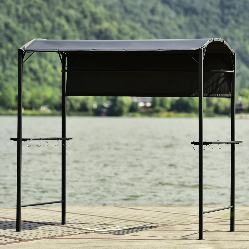 7FT Grill Gazebo BBQ Canopy with Sun Shade Panel Side Awning, 2 Exterior Serving Shelves Bar Counters, 10 Hooks I5961