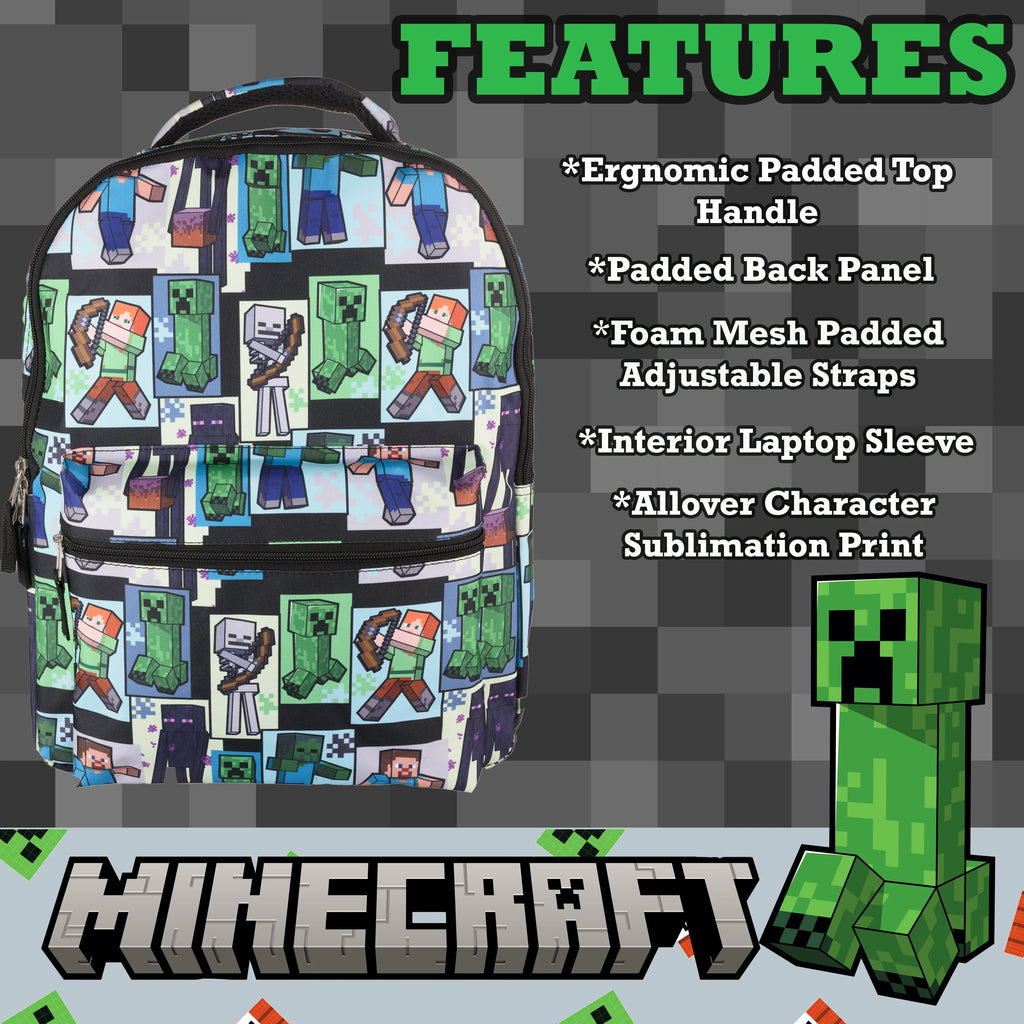 Minecraft Backpack with Front Zip Pocket, Adjustable Padded Mesh Straps, 16 Inches E417187