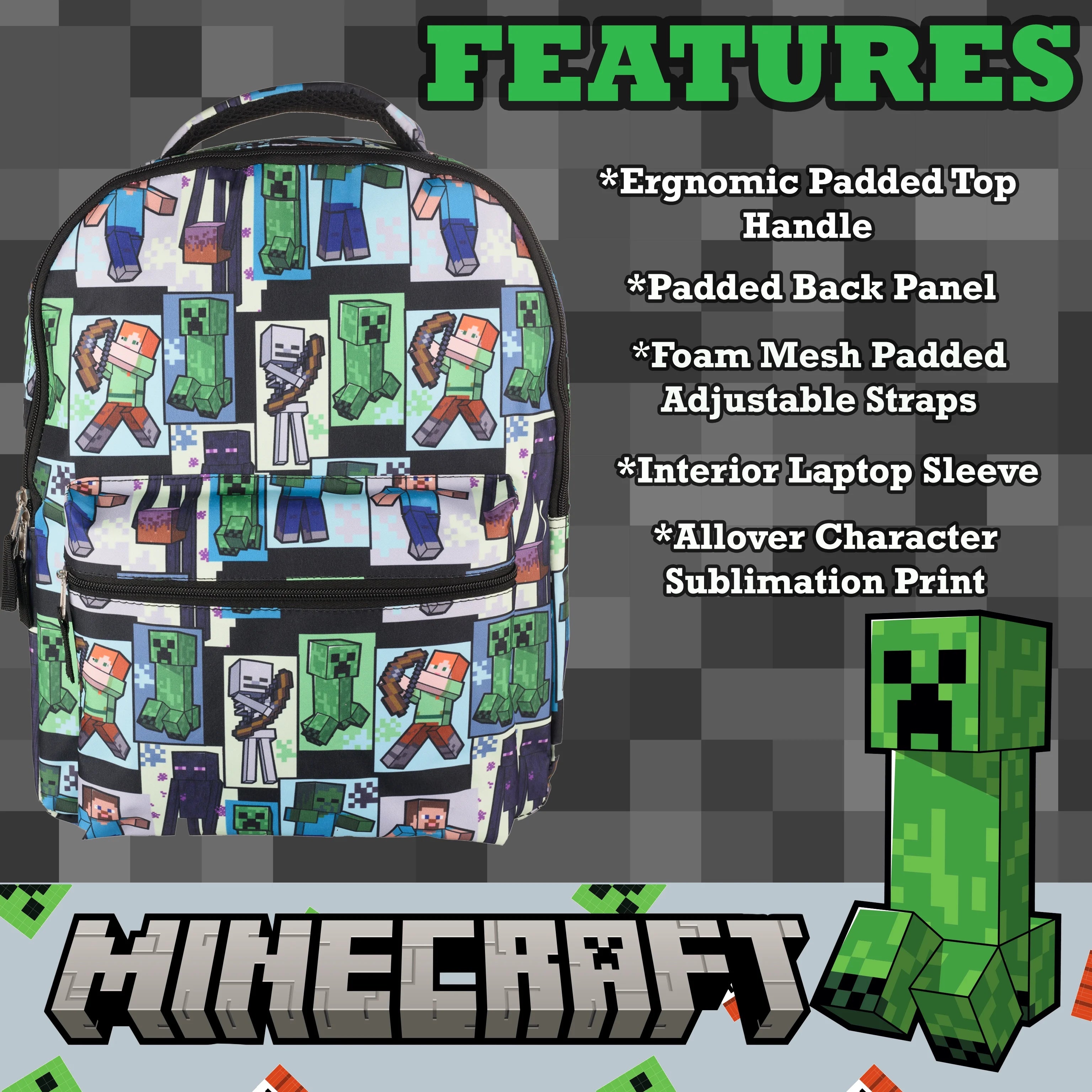 Minecraft Backpack with Front Zip Pocket, Adjustable Padded Mesh Straps, 16 Inches E417187