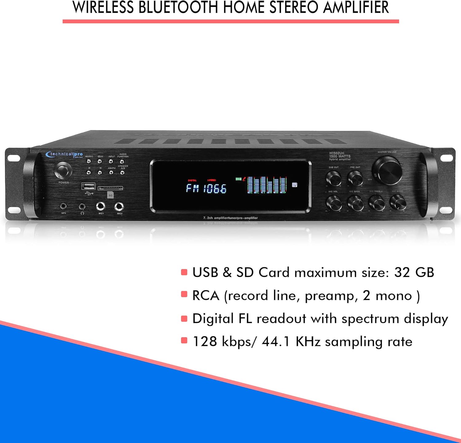 1500 Watt Bluetooth Hybrid Amplifier with USB and SD Inputs, Pack of 2 E828480