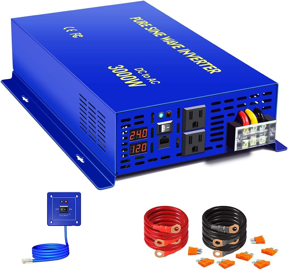 3000W Pure Sine Wave Power Inverter 24V DC to AC 120V with 15ft Cable Remote Switch Controller S93050