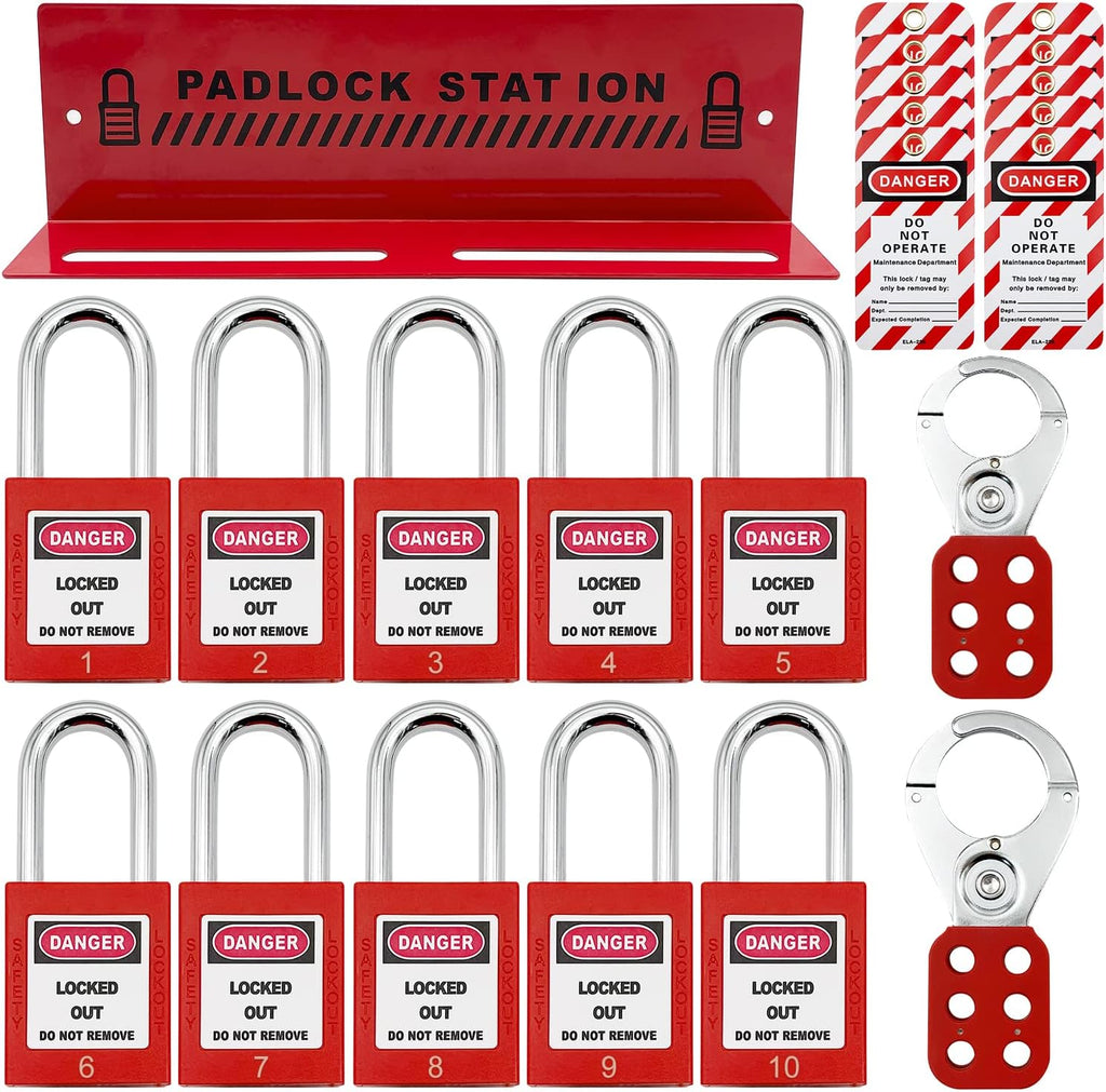 Lockout Tagout Station with 10 Padlocks, 2 Hasps, 20 Tags, 20 Nylon Cables I509033