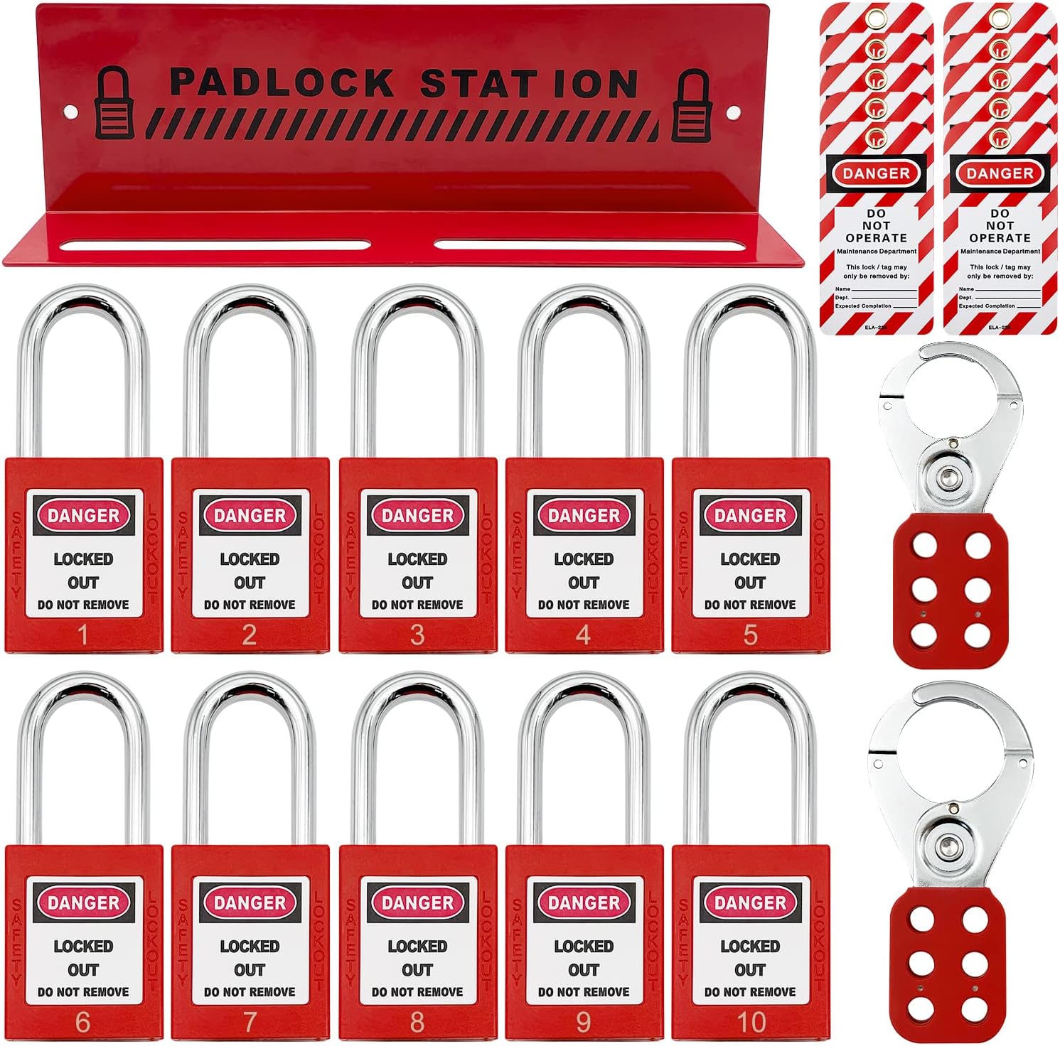 Lockout Tagout Station with 10 Padlocks, 2 Hasps, 20 Tags, 20 Nylon Cables I509033