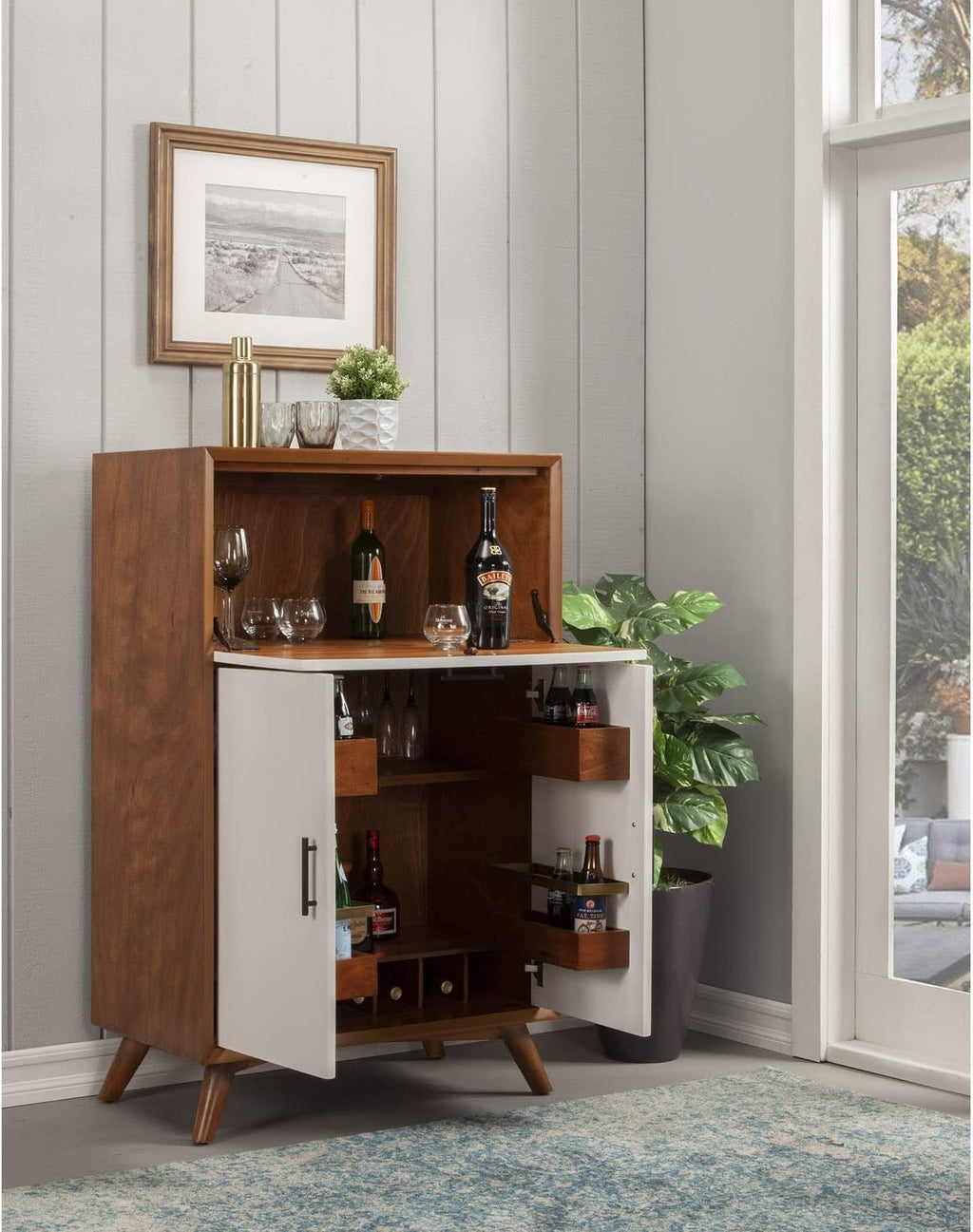 White Large Bar Cabinet with Drop Down Tray Q516