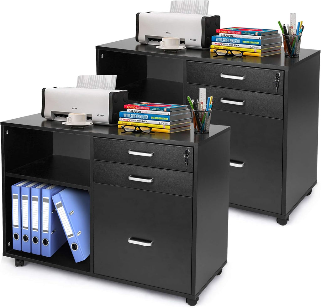 Black 3-Drawer Mobile Lateral Filing Cabinet with Rolling Lock O54256