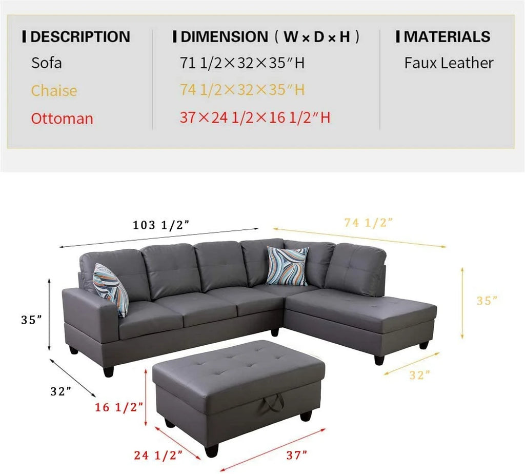 Dark Grey Faux Leather Sofa & Chaise with Ottoman E574583