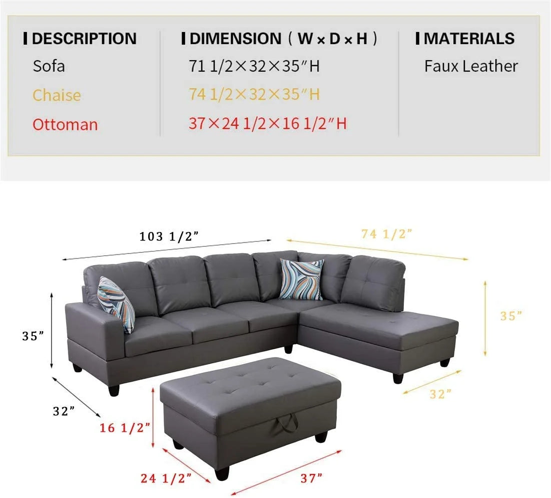 Dark Grey Faux Leather Sofa & Chaise with Ottoman E574583