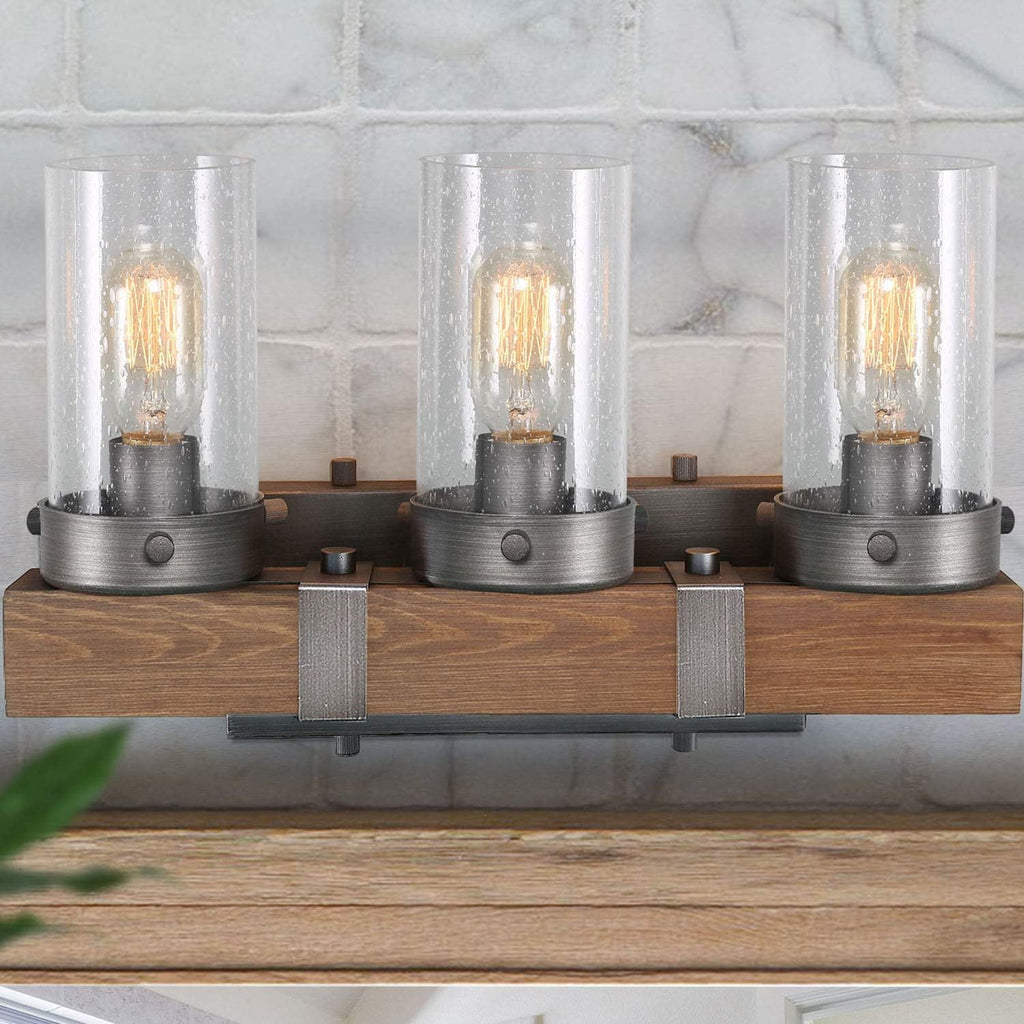 Farmhouse Rustic Bathroom Vanity Light, Wall Light Fixture 3 Lights in Wood and Cylindrical Bubbled Glass S636