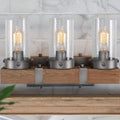 Farmhouse Rustic Bathroom Vanity Light, Wall Light Fixture 3 Lights in Wood and Cylindrical Bubbled Glass S636