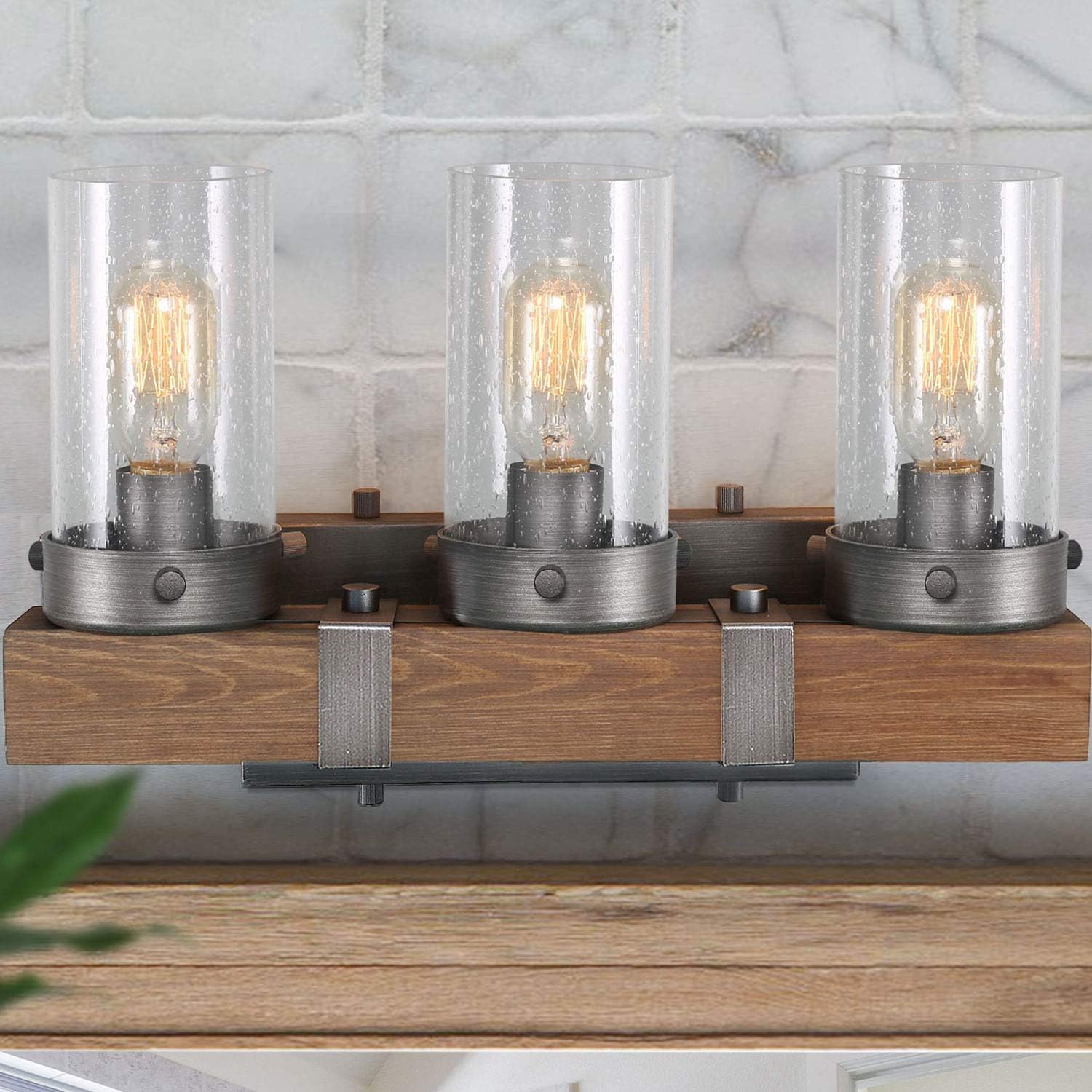 Farmhouse Rustic Bathroom Vanity Light, Wall Light Fixture 3 Lights in Wood and Cylindrical Bubbled Glass S636