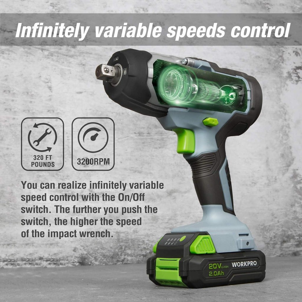 20V Cordless Impact Wrench, 1/2-inch, 320 Ft Pounds Max Torque, 2.0Ah Li-ion Battery with Fast Charger, Belt Clip W880463