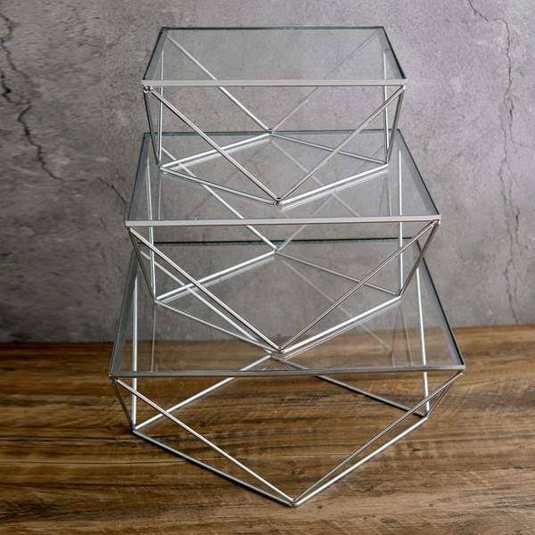 Silver and Clear Metal with Glass Geometric Cake Stands I31649