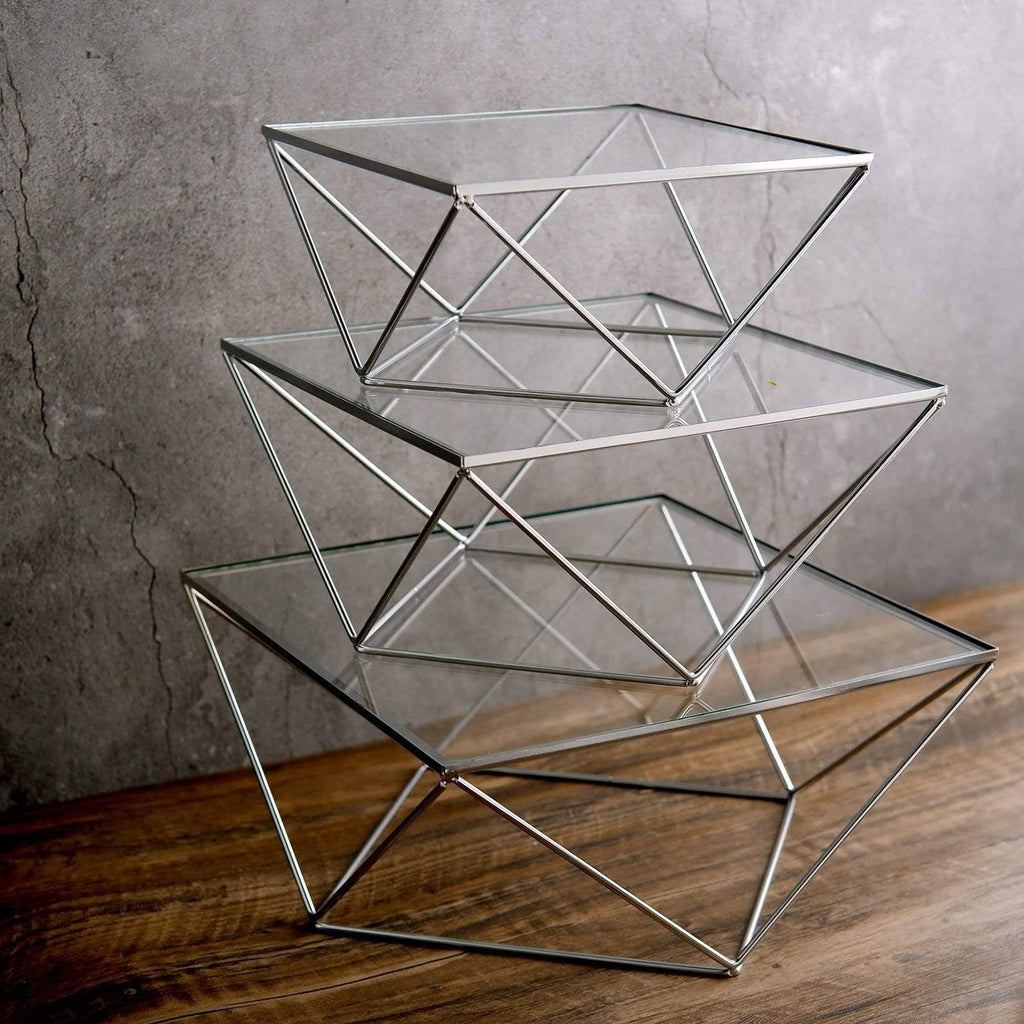 Silver and Clear Metal with Glass Geometric Cake Stands I31649