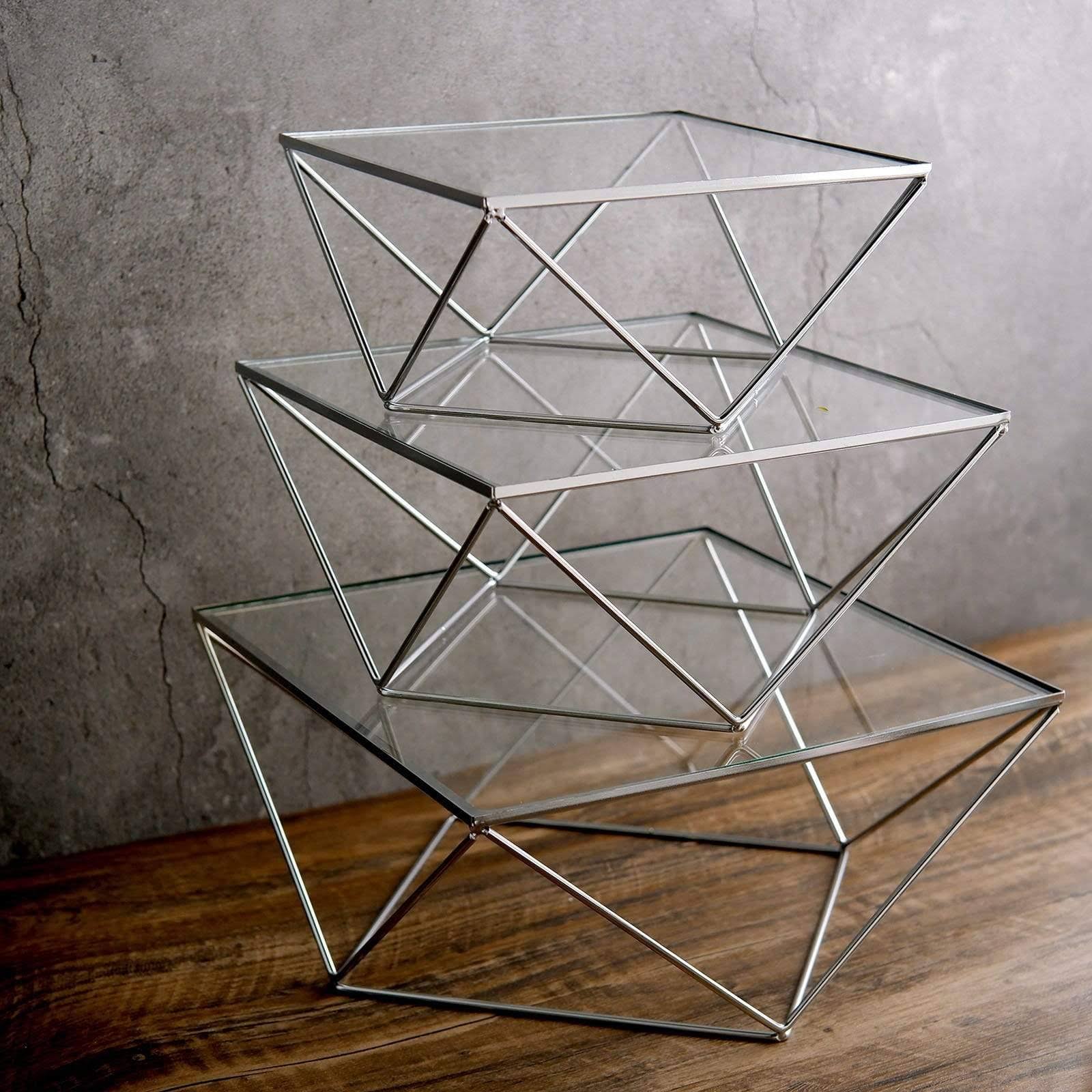 Silver and Clear Metal with Glass Geometric Cake Stands I31649