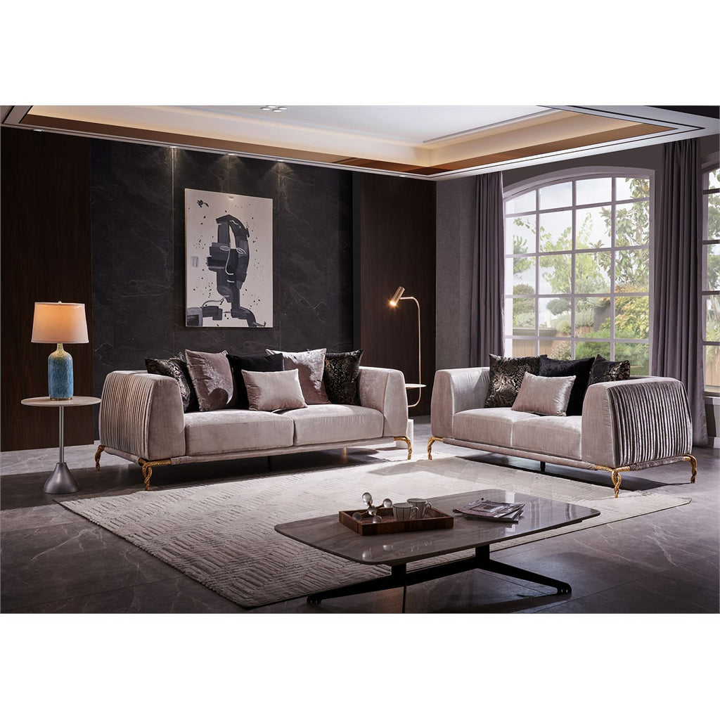 Ivory Velvet 2PC Living Room Set with Wood Q70114