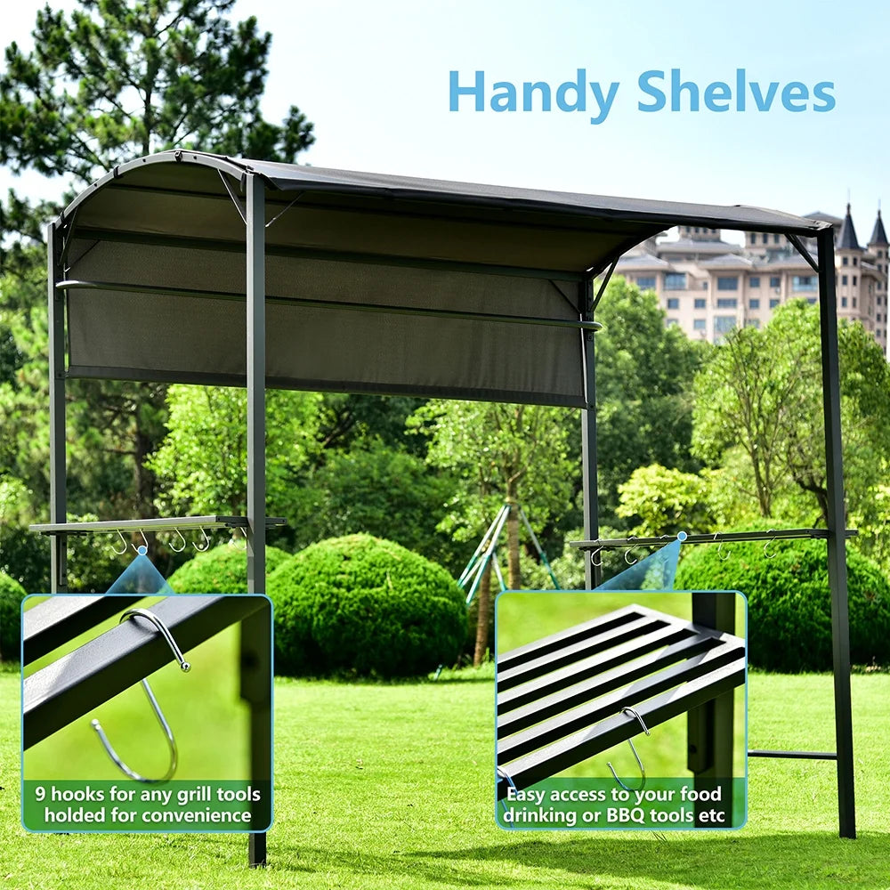 7FT Grill Gazebo BBQ Canopy with Sun Shade Panel Side Awning, 2 Exterior Serving Shelves Bar Counters, 10 Hooks I5961