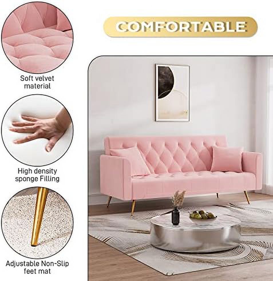 Beige Velvet Futon Sofa Bed with 2 Pillows P66280