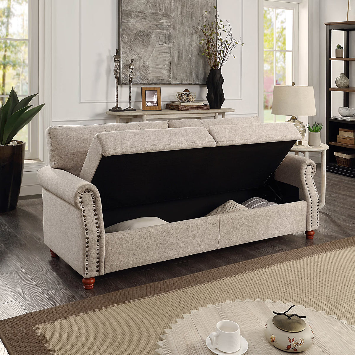 Beige Linen Storage Sofa with Tufted Cushions C239