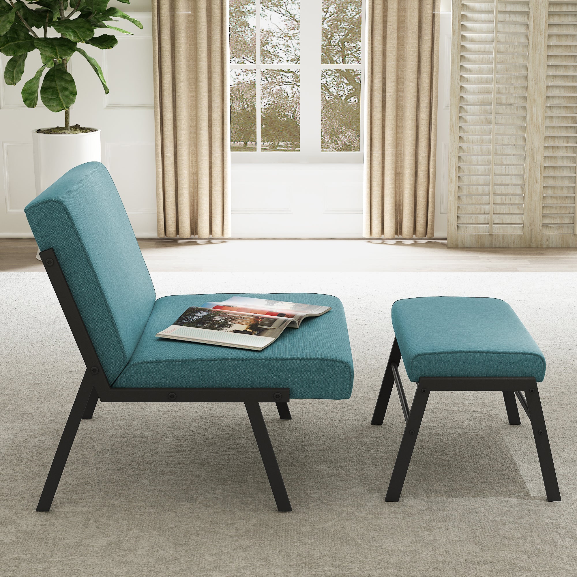 Green Linen Fabric Accent Chair with Ottoman Set W636