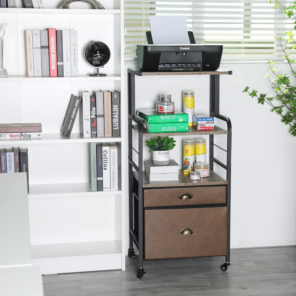 Mobile Printer Stand with File Cabinet, 3 Tier Rolling Cart with 2 Drawers E166