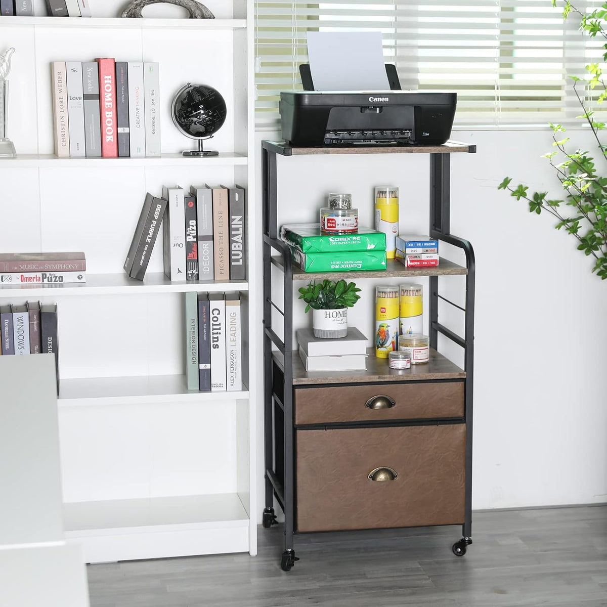 Mobile Printer Stand with File Cabinet, 3 Tier Rolling Cart with 2 Drawers E166