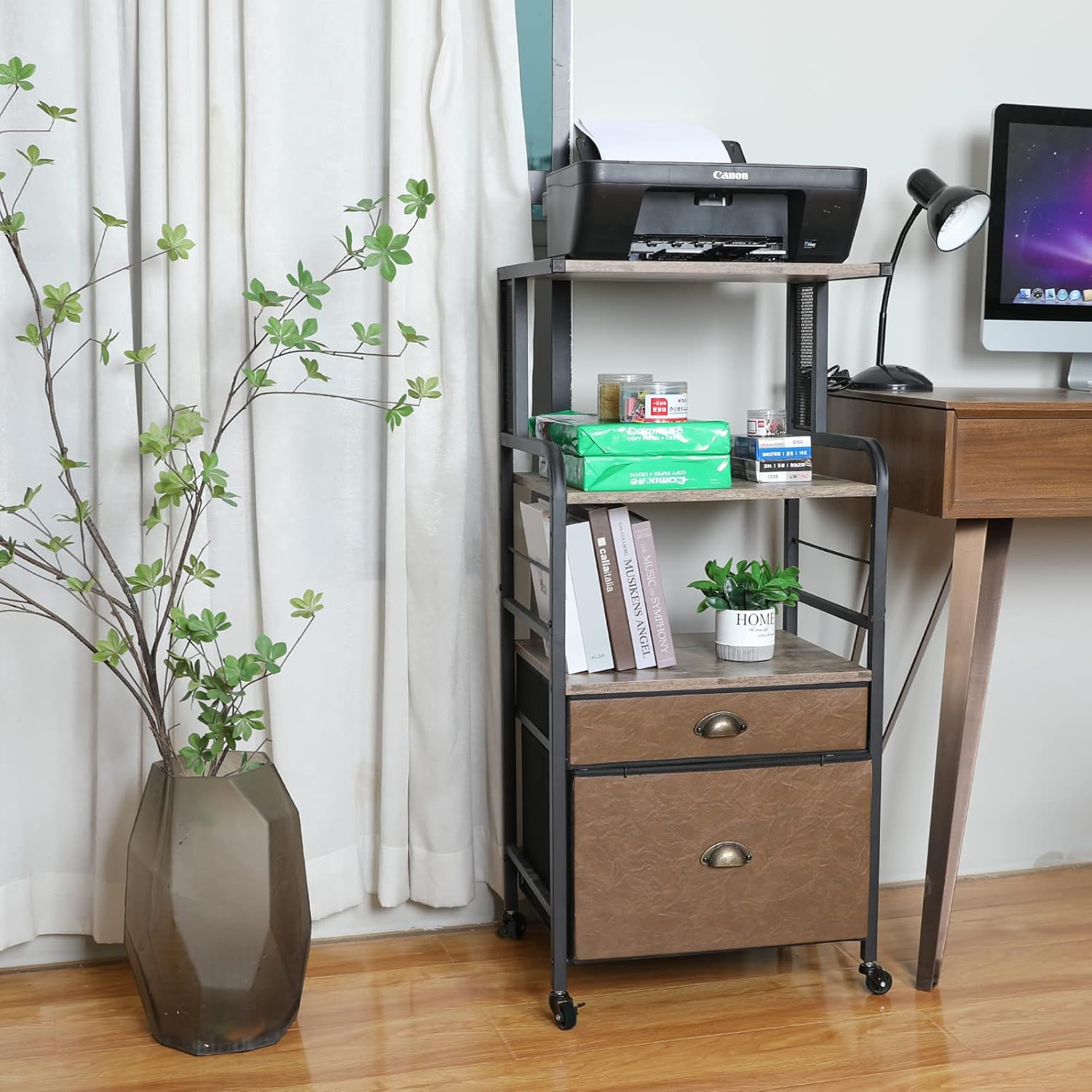 Mobile Printer Stand with File Cabinet, 3 Tier Rolling Cart with 2 Drawers E166