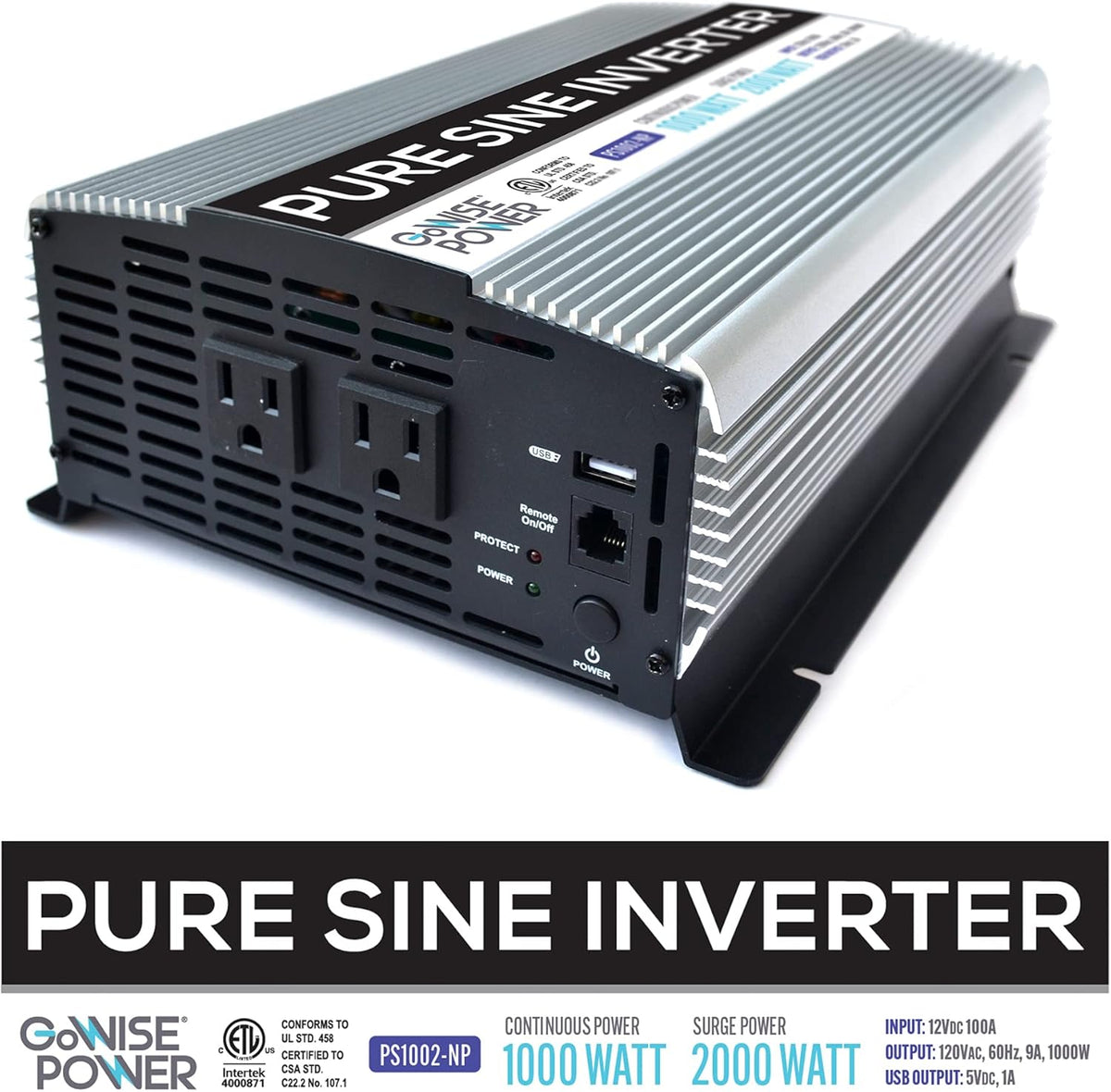 1000W Pure Sine Wave Inverter 12V DC to 120V AC with 2 AC Outlets and USB Port F63413
