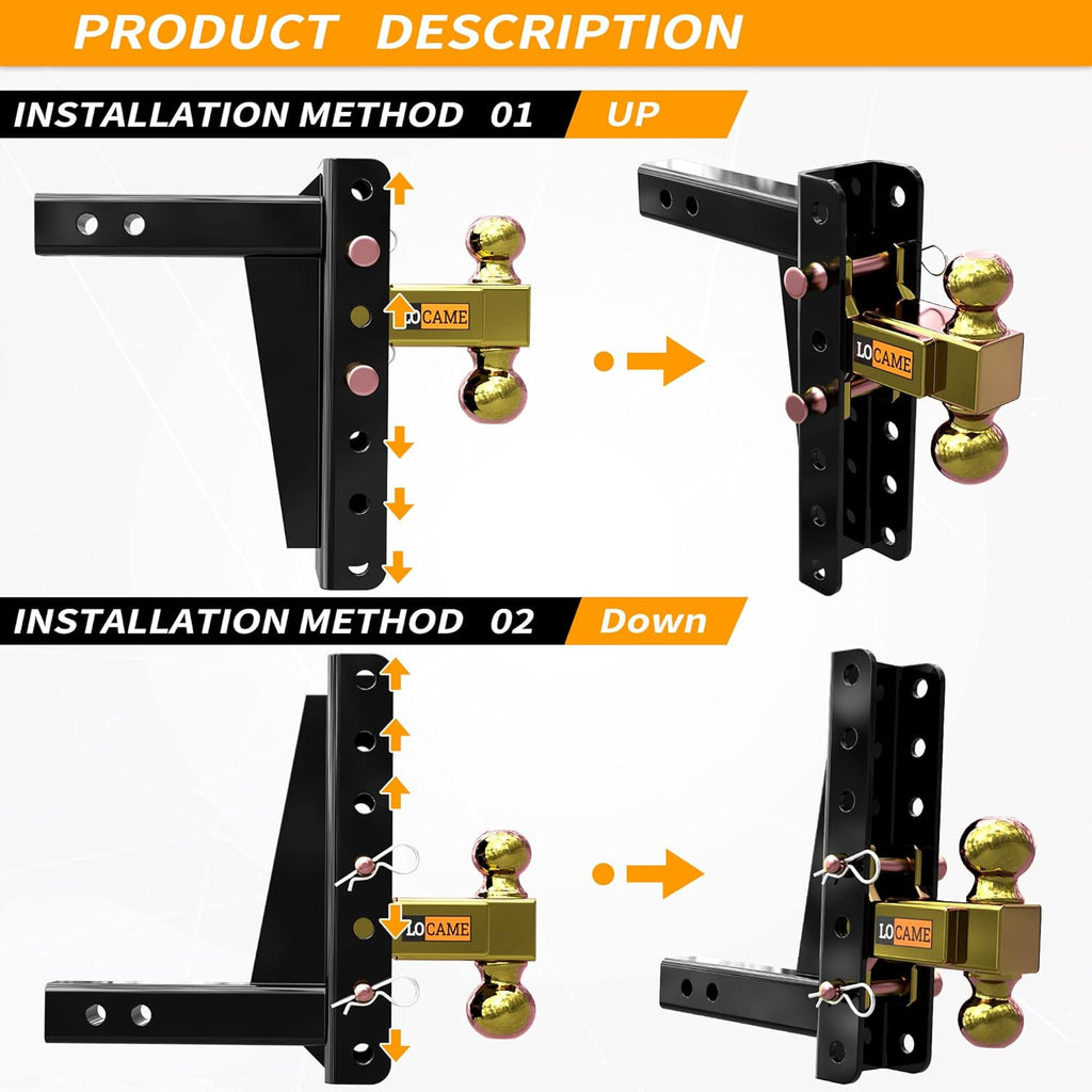 Adjustable Trailer Hitch, 2-Inch Receiver, 9-Inch Drop/Rise, 21,000 LBS GTW, Solid Ball Mount O400