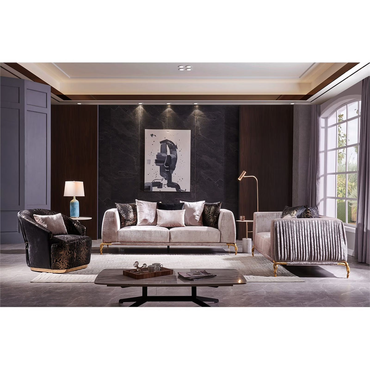 Ivory and Black Upholstered 3 PC Sofa Set N601