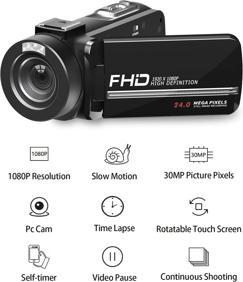 1080P 30MP Vlogging Camera Camcorder with External Microphone, Mini Tripod, 2 Batteries and 32GB SD Card A50036