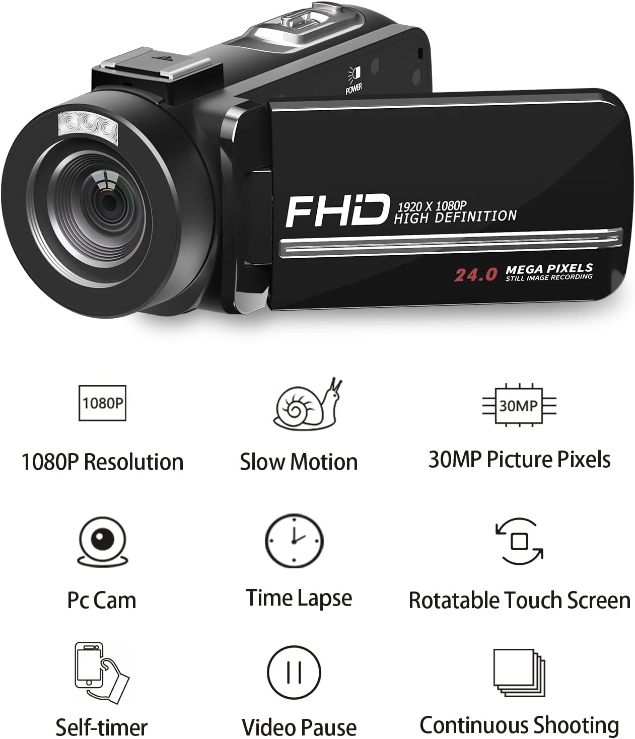 1080P 30MP Vlogging Camera Camcorder with External Microphone, Mini Tripod, 2 Batteries and 32GB SD Card A50036