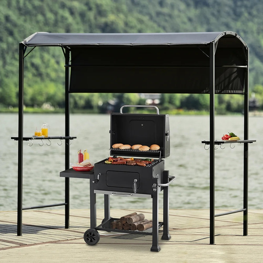 7FT Grill Gazebo BBQ Canopy with Sun Shade Panel Side Awning, 2 Exterior Serving Shelves Bar Counters, 10 Hooks I5961