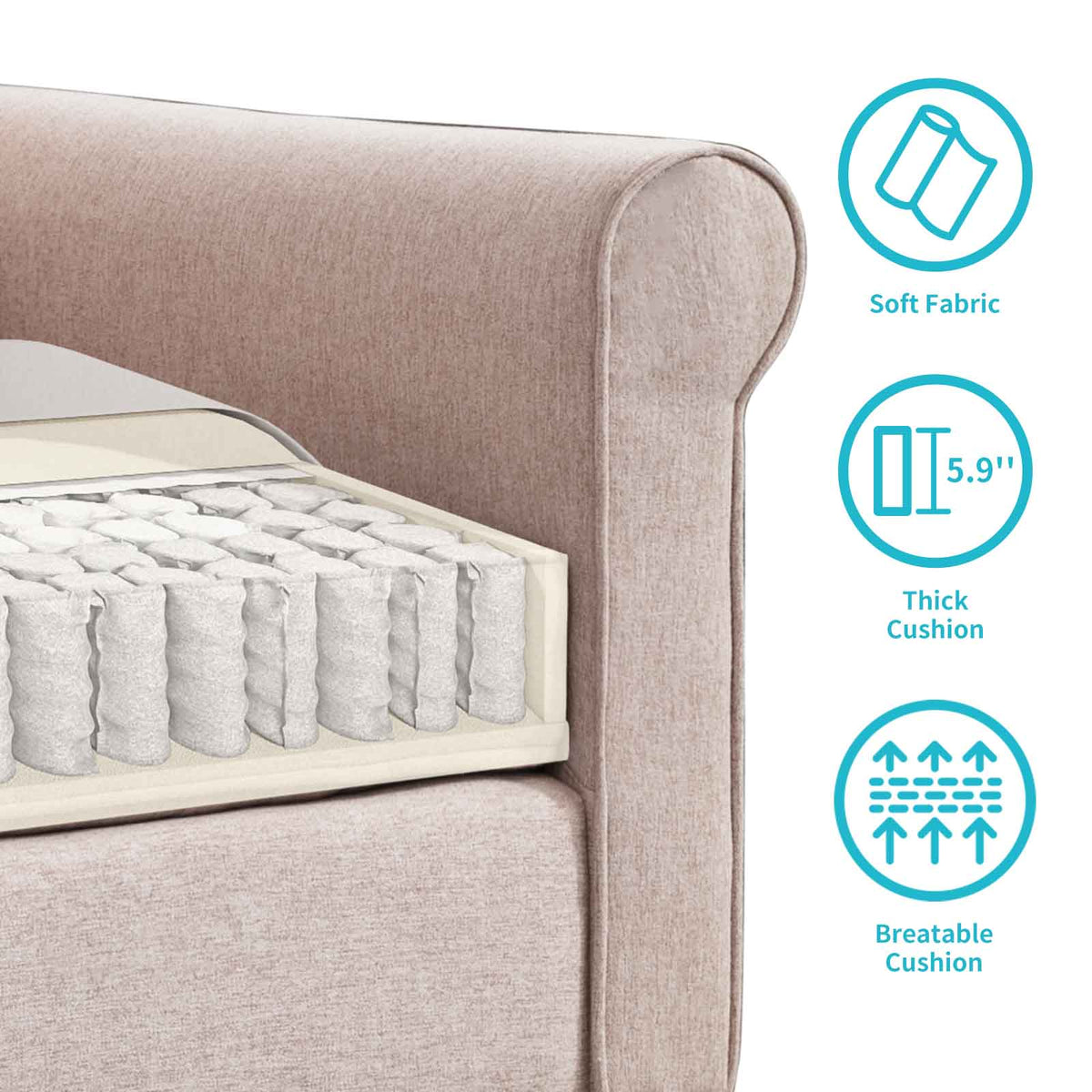 Linen Upholstered 3-Seater Sleeper Sofa with Cushion Q2808