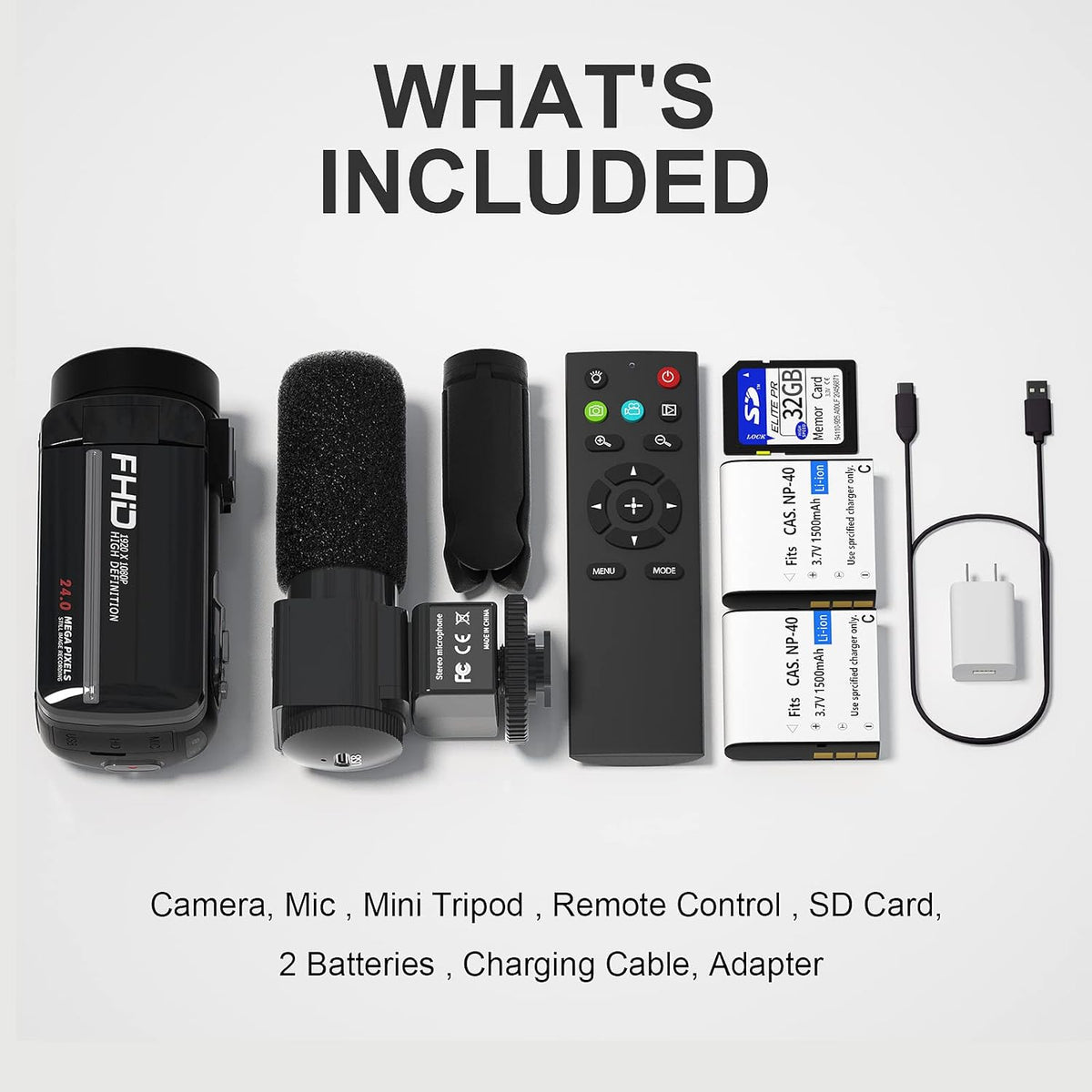 1080P 30MP Vlogging Camera Camcorder with External Microphone, Mini Tripod, 2 Batteries and 32GB SD Card A50036