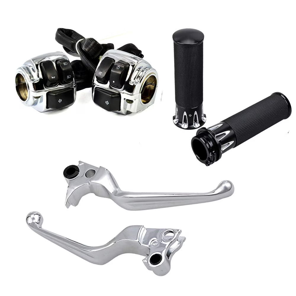 1" Chrome Handlebar Switches Control Horn On/Off Kit Brake Clutch Hand Levers Black CNC Hand Grips K88811