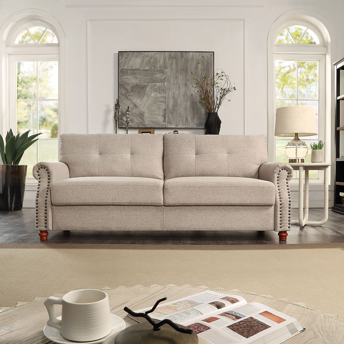 Beige Linen Storage Sofa with Tufted Cushions C239