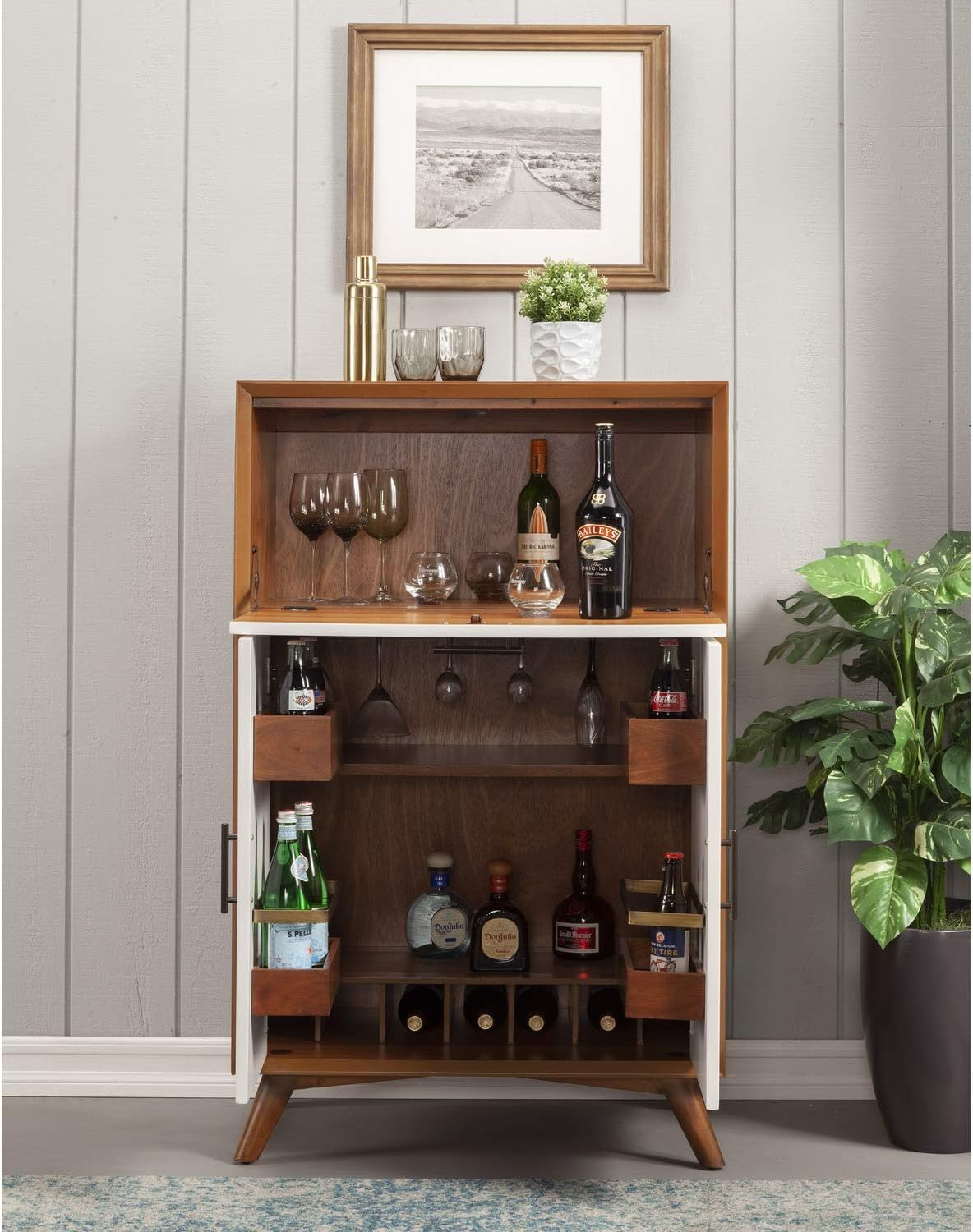 White Large Bar Cabinet with Drop Down Tray Q516
