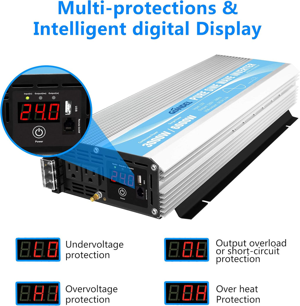 24V 3000Watt Pure Sine Wave Power Inverter DC to AC120V with Dual AC Outlets Remote Control USB LED Display J1199