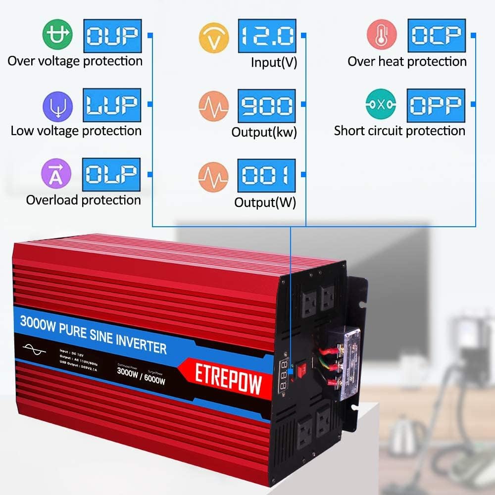 3000 Watt Pure Sine Wave Power Inverter 12V DC to 110V AC C421