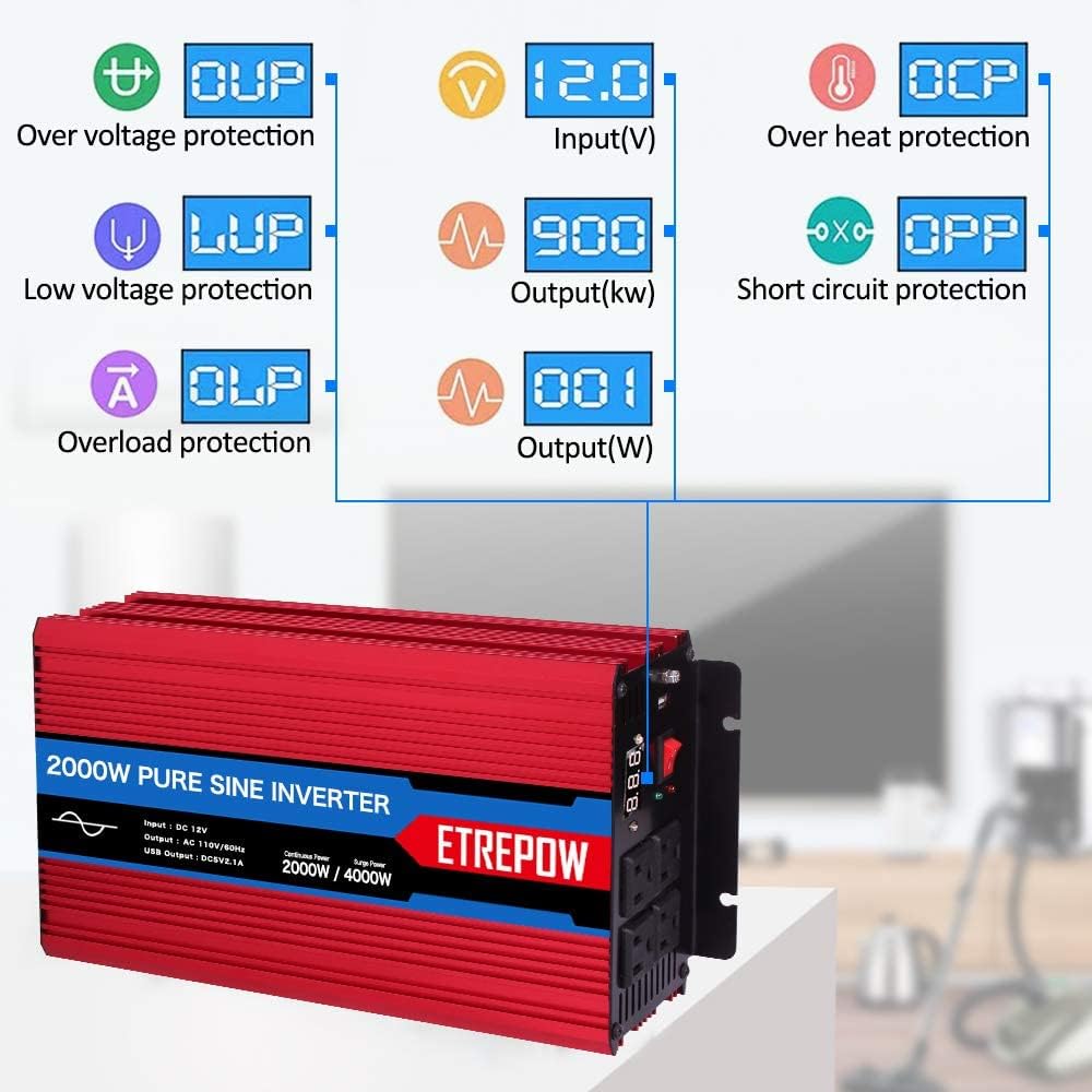 2000 Watt Pure Sine Wave Power Inverter 12V DC to 110V AC Wireless Remote Control K59838