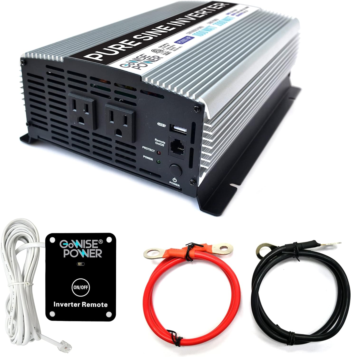 1000W Pure Sine Wave Inverter 12V DC to 120V AC with 2 AC Outlets and USB Port F63413